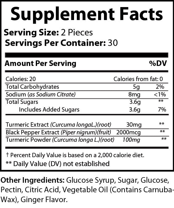 Turmeric Ginger Gummies (50mg) with Black Pepper Extract, 60 ct.